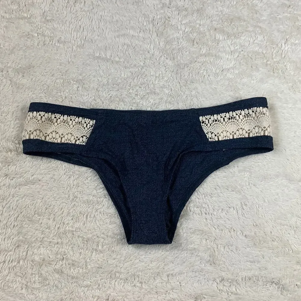 L Space Nanette Dreamer Bitsy Cut denim and crochet bikini bottoms, NWT L